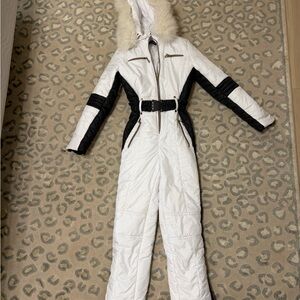 White and Black Hooded Snowsuit with Fur Trim